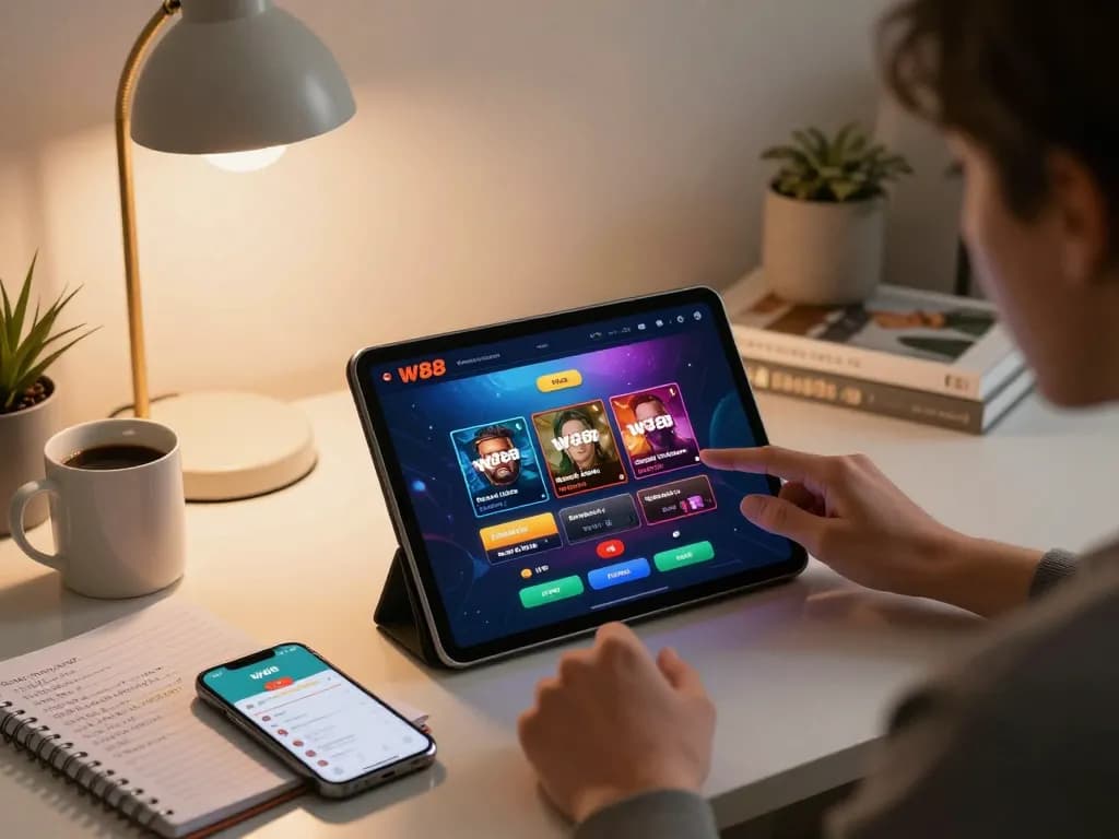 Engaging with the W88 casino app on a tablet in a cozy home setup, showcasing strategic betting.