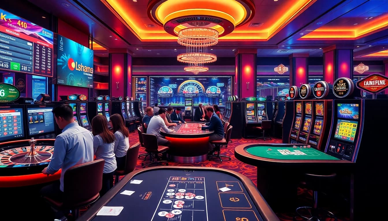 Experience the excitement of đăng ký okfun with vibrant online gambling visuals featuring roulette and slot machines.
