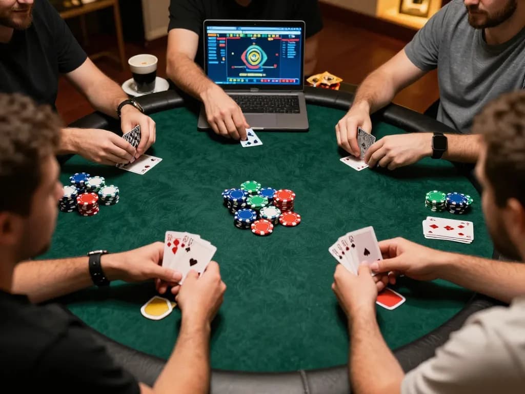 X88 players engaged in intense online poker game with colorful chips during cozy home gathering