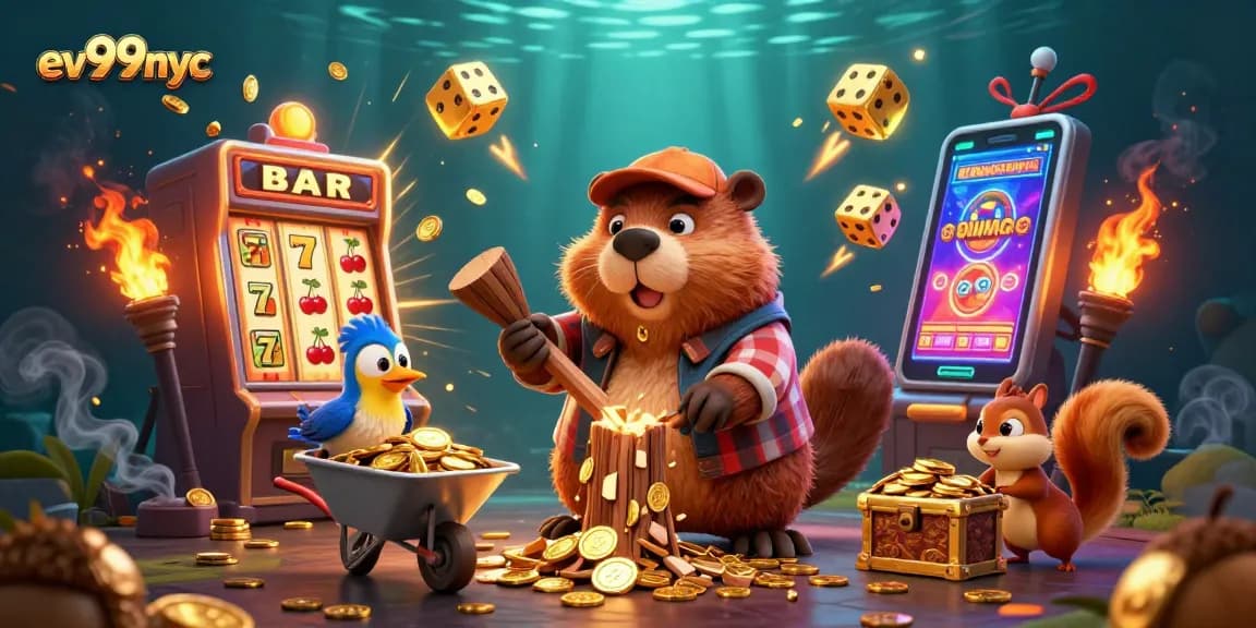 Experience big wins with ev99nyc in this vibrant casino-themed illustration showcasing exciting slots and jackpots.
