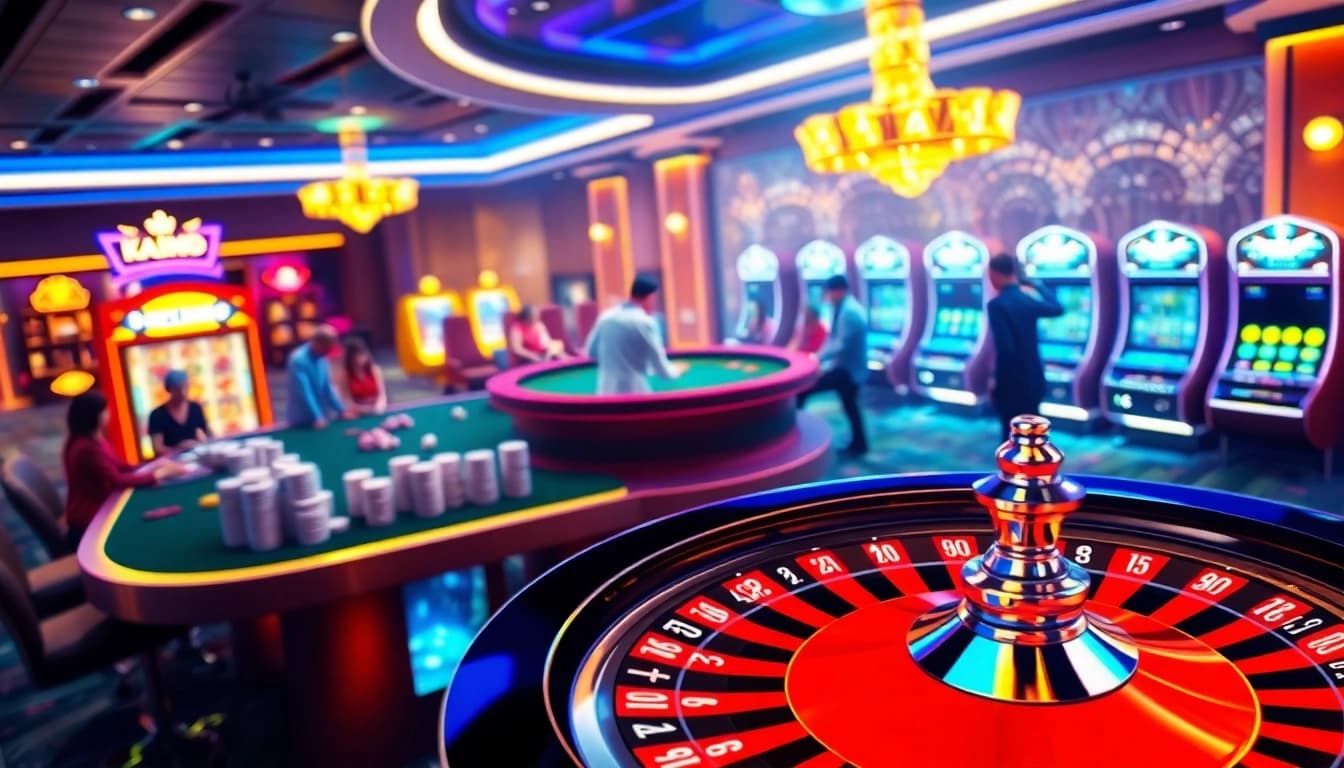 Experience the excitement of kkwin with players at a stylish casino table and vibrant slot machines.