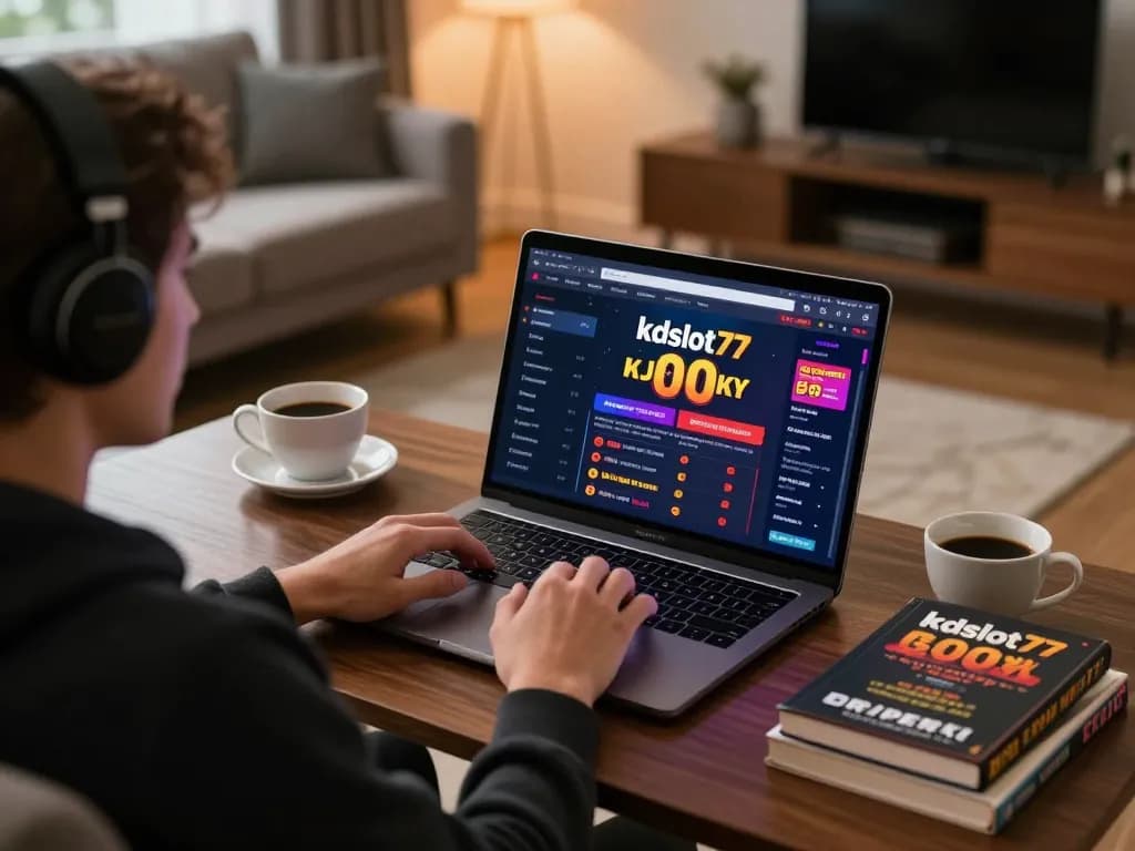 Person playing kdslot77 on laptop in cozy home environment, focused on responsible gaming.