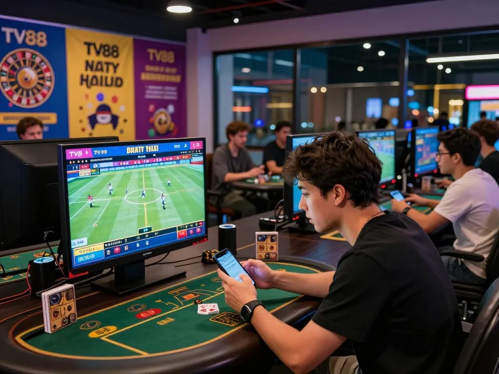 Engaging scene of online gambling with TV88 platform, showing diverse players enjoying sports betting.