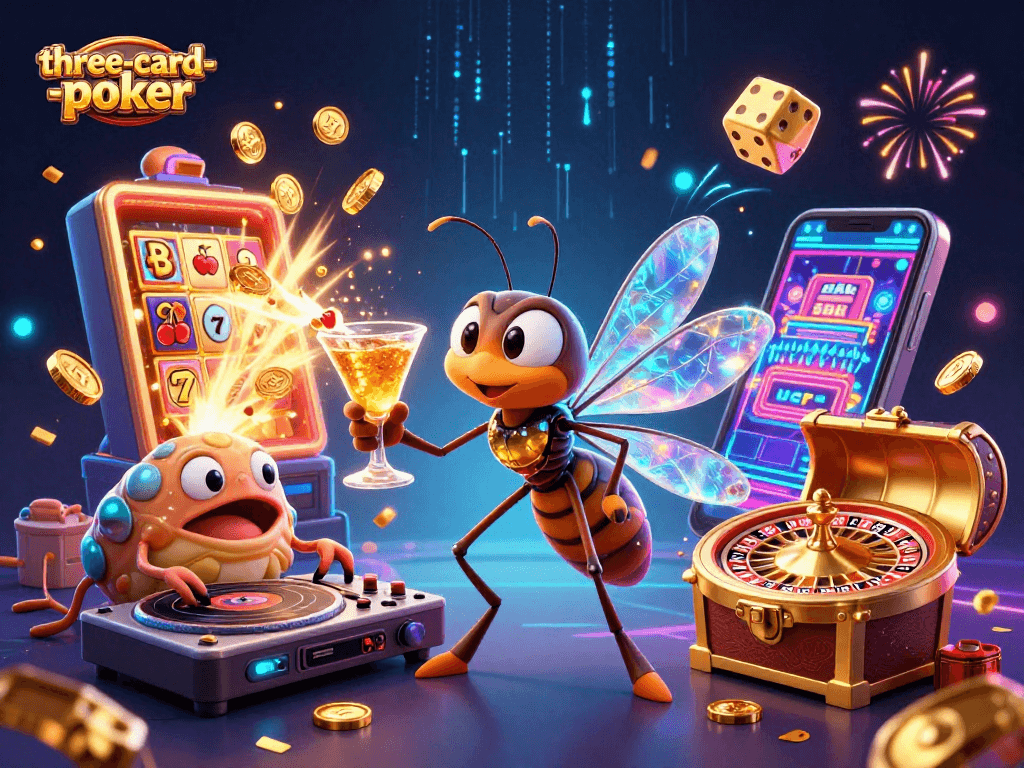 Join the excitement of three-card-poker with vibrant casino characters and golden winnings.
