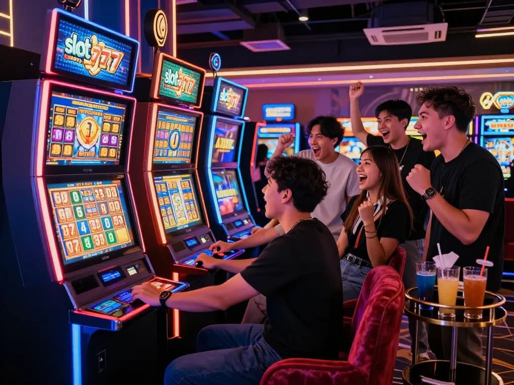 Group of friends celebrating wins at slot gacor 777 machine in vibrant casino gaming room.