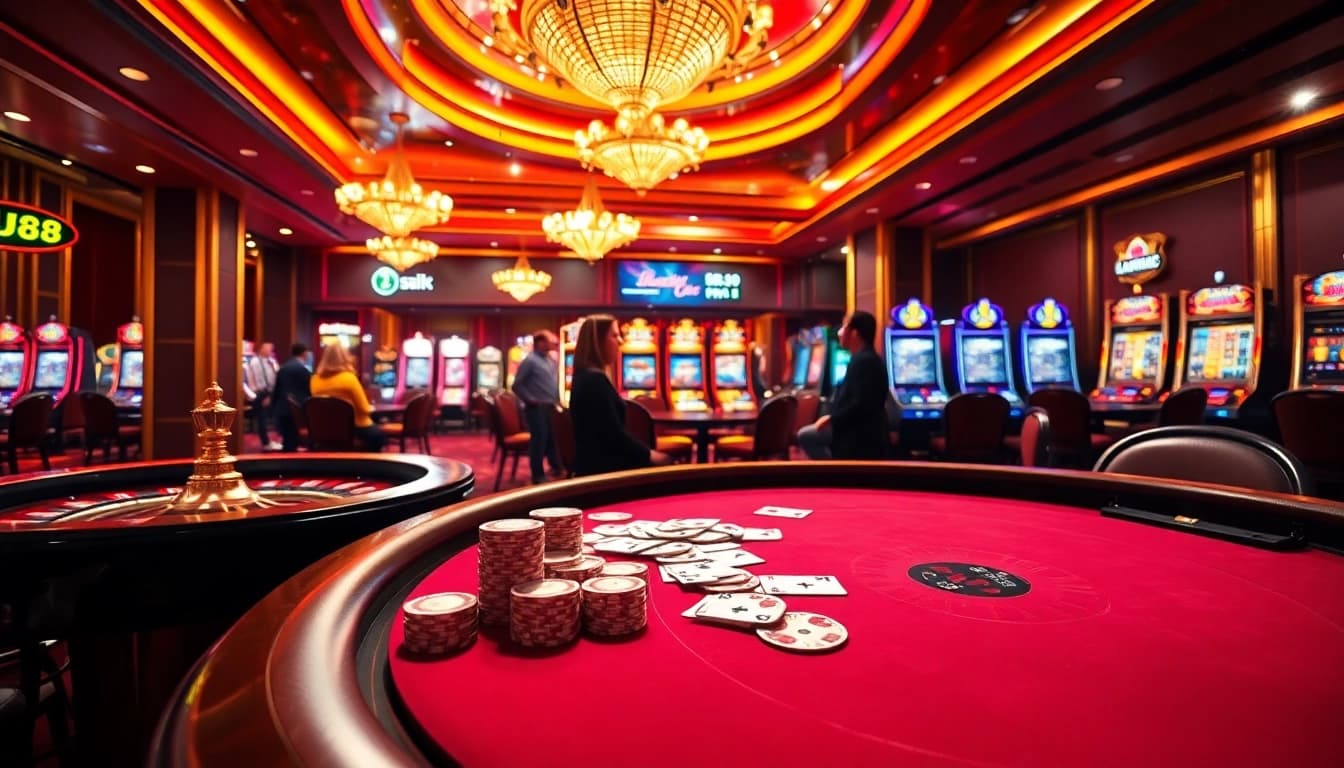 UU88 casino scene with poker table, roulette wheel, and slot machines.
