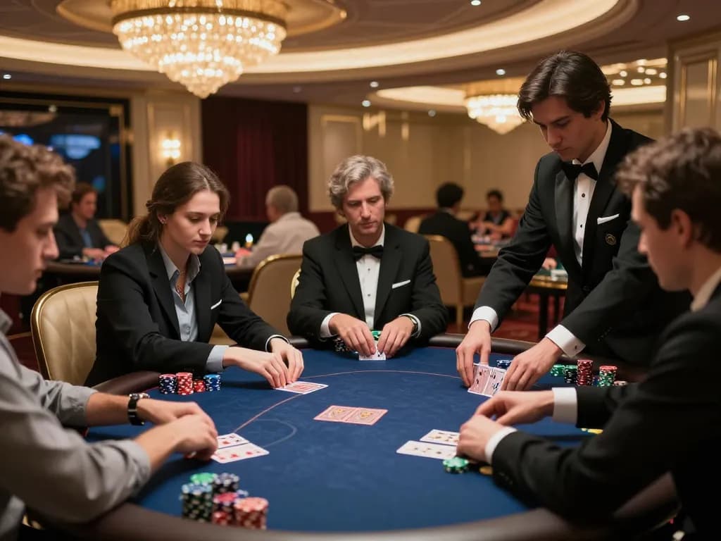 tr88 players engaged in high-stakes poker at an upscale casino VIP table, showcasing intense focus and elegance