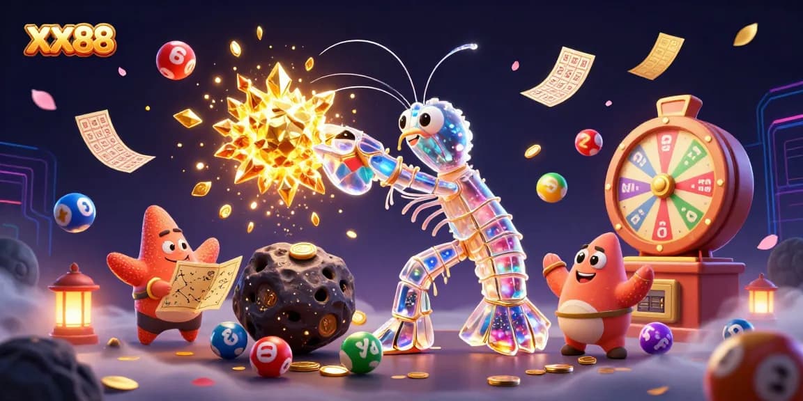 Engage with the thrilling world of XX88 as the cartoon mantis shrimp triumphantly breaks an asteroid, showering gems.