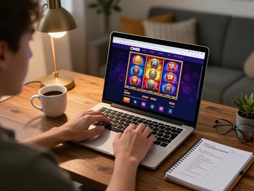 Player engaged in online gaming at CM88, focusing on slot games, with a cozy setup nearby
