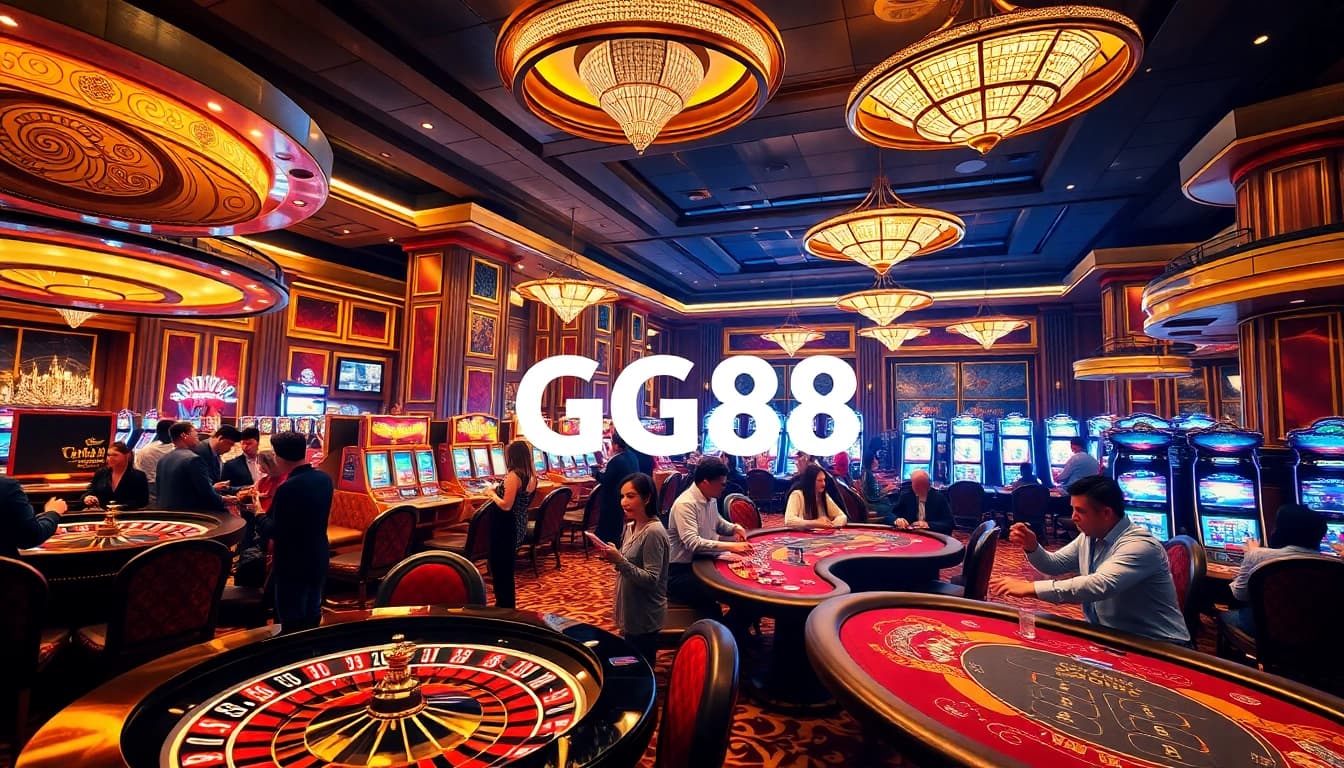 Experience the excitement of GG88 at a luxurious casino, featuring roulette wheels and vibrant slot machines.