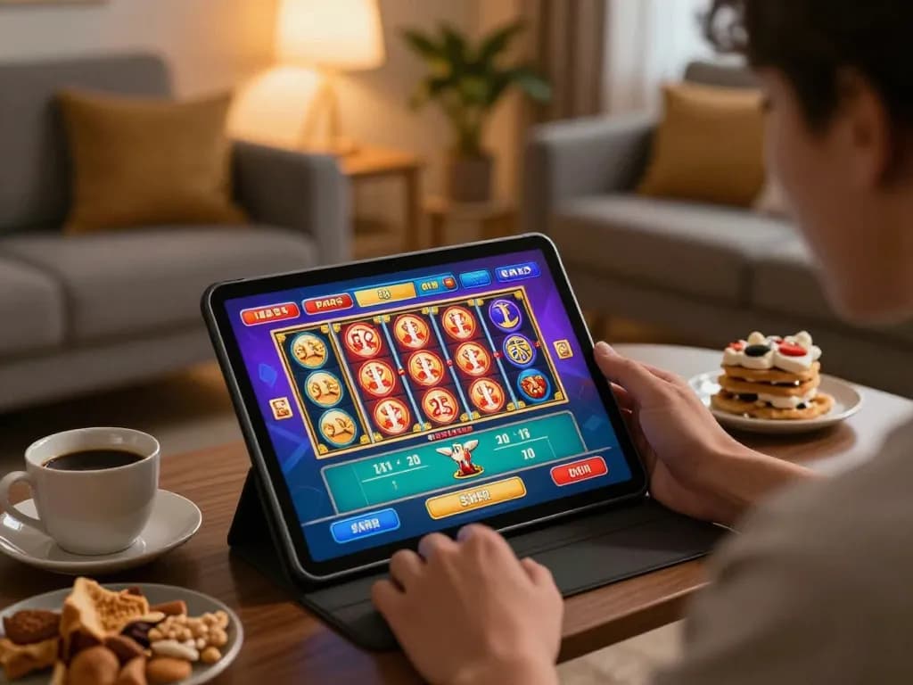 Enjoying online gambling at home on Go8 with engaging slots and poker gameplay on a tablet