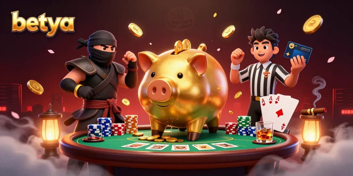 Betya gamers engage in a thrilling casino showdown with colorful poker elements and vibrant characters.