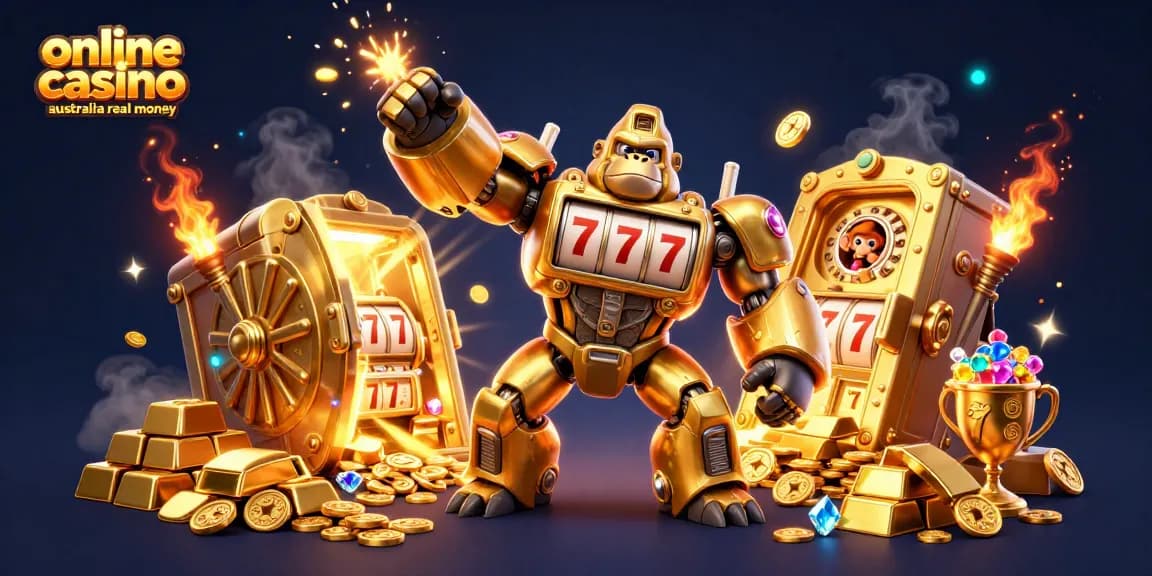 Experience the excitement of online casino Australia real money with a dynamic 3D illustration showcasing a golden gorilla mech and treasures.