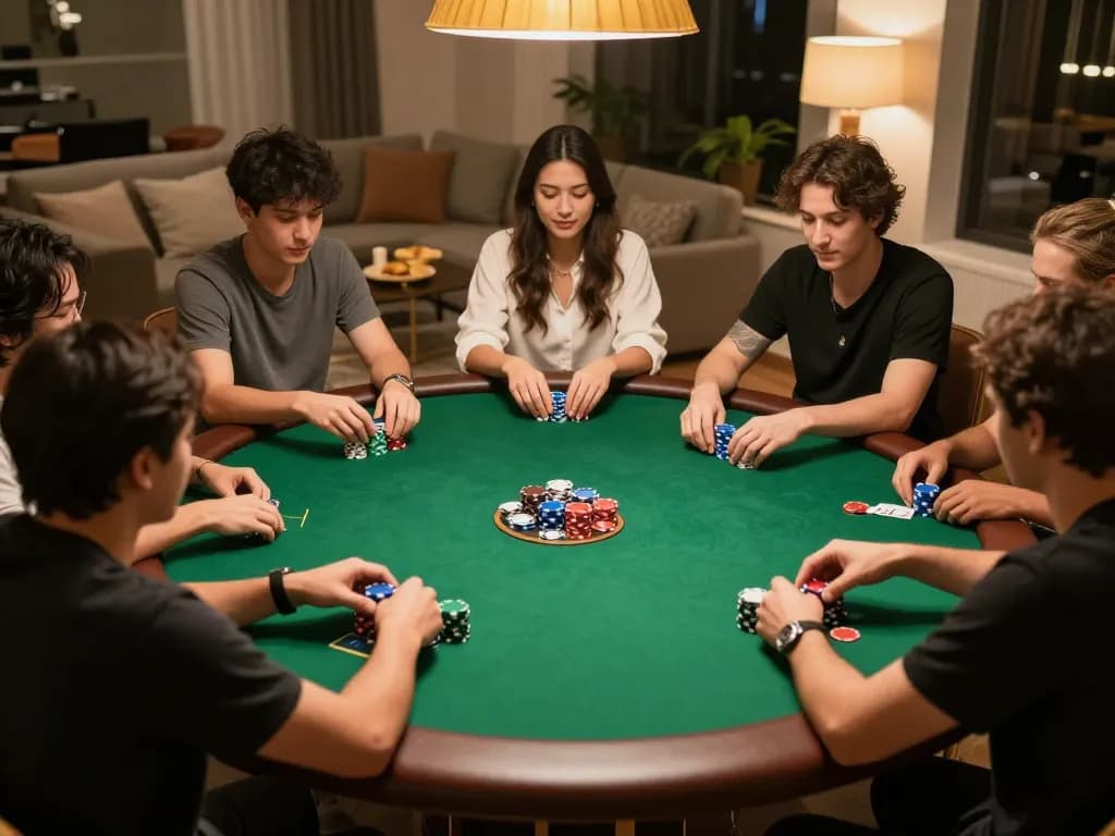 KJC members engaged in a friendly poker game, showcasing strategy and camaraderie during a social gaming night.