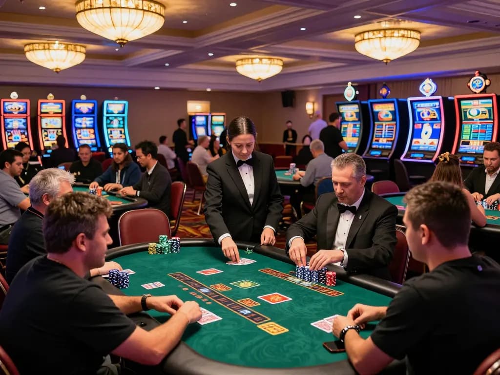 CasinoAtlas players engaging at blackjack tables under warm lighting for an exciting gaming experience.