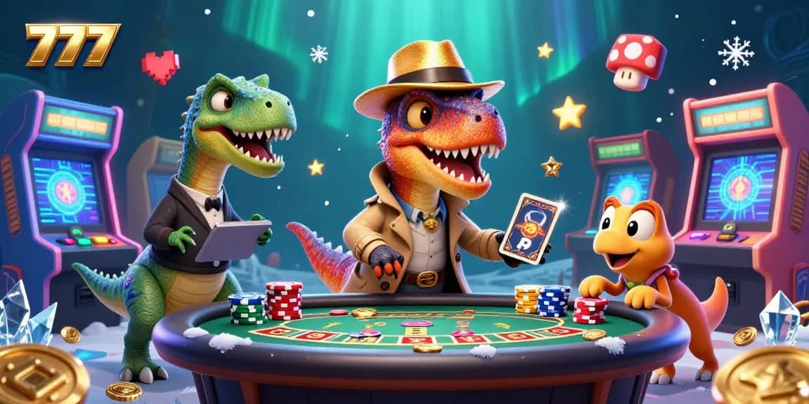 Immerse in fun with 777-themed cartoon velociraptor at a blackjack table, engaging in exciting casino antics.