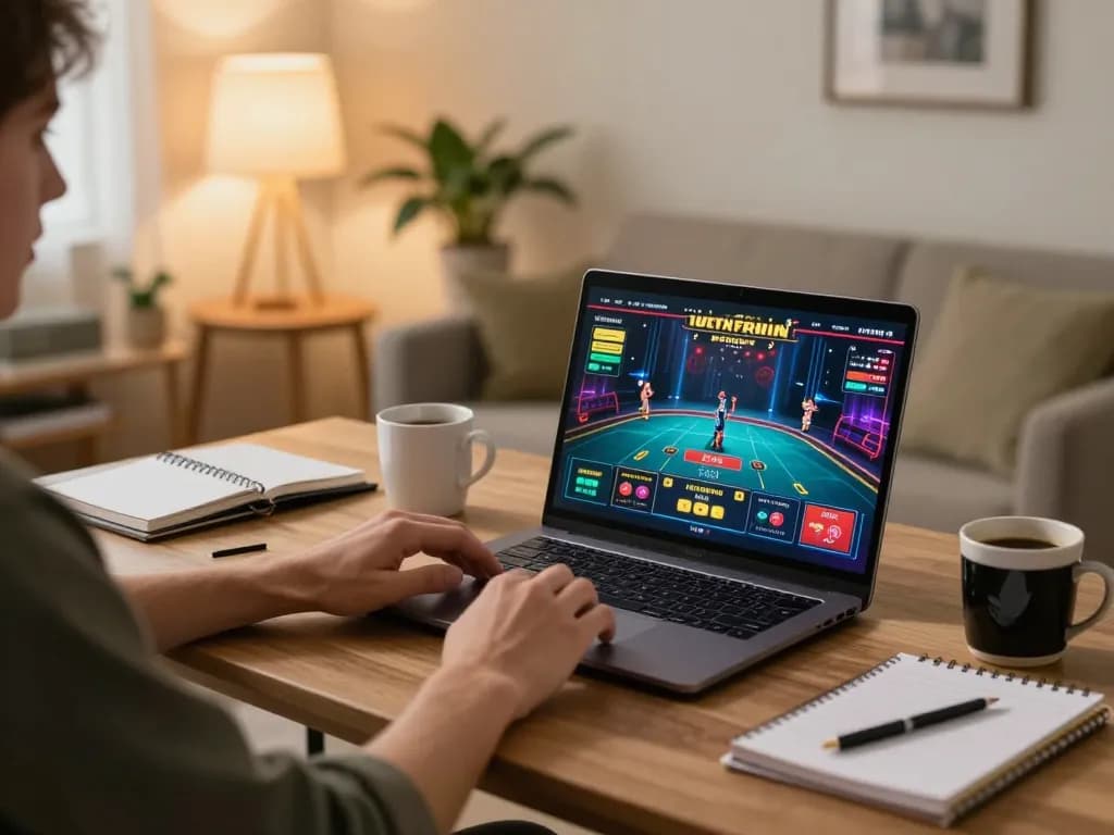 Player enjoying an online casino game at home while engaging with RR88 gaming interface on a laptop
