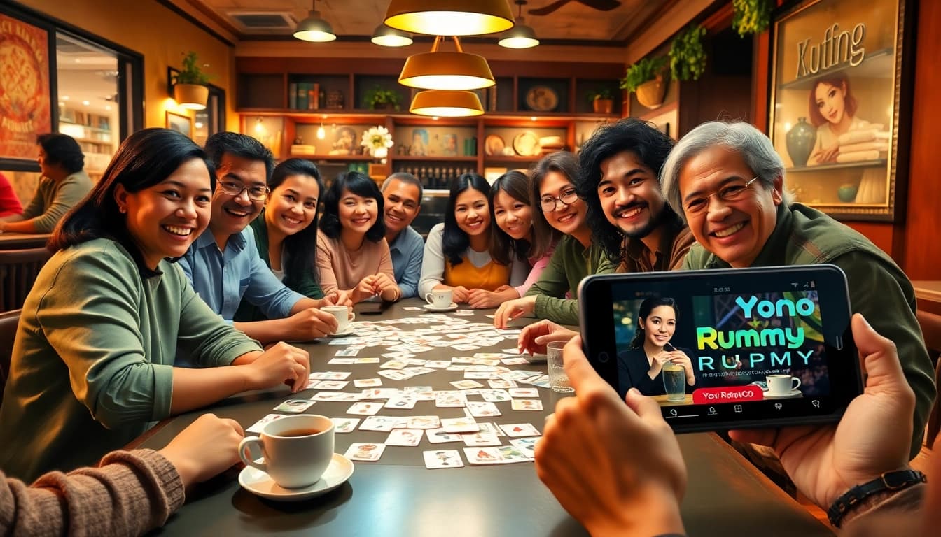 Exciting group playing Yono Rummy in a cozy café, showcasing vibrant cards and engaging interactions.