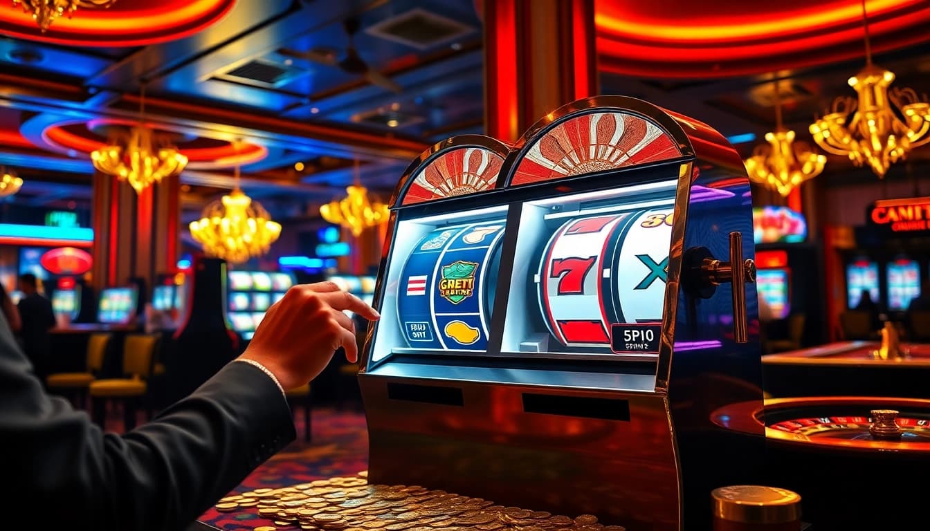 Pemain menikmati mesin slot di lingkungan kasino yang cerah dan mewah.