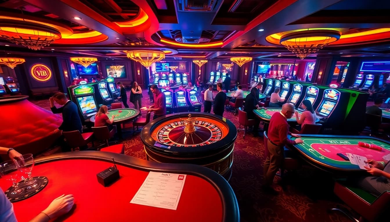 Experience thrilling games at THABET's luxurious casino, featuring vibrant roulette and poker tables.
