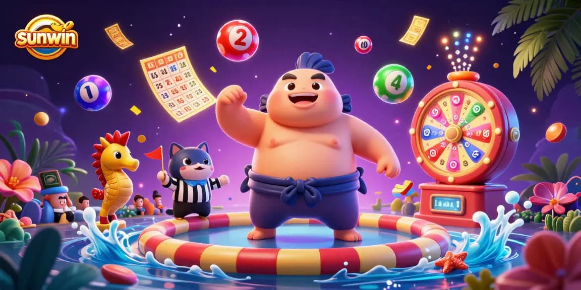Engage in thrilling games with sunwin, featuring a fugu in a sumo ring with players and game elements.