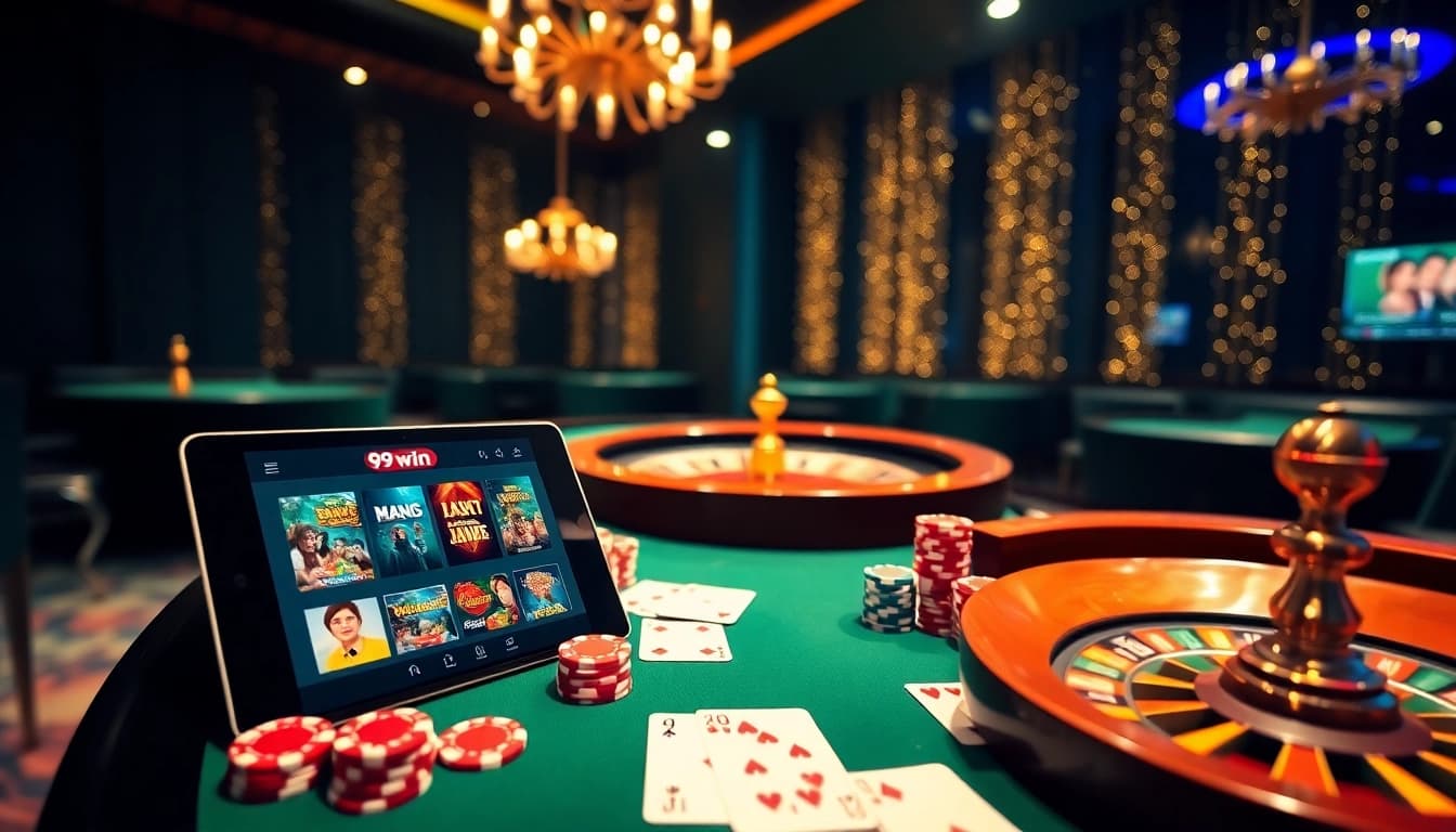 Engaging scene of 99win app displayed on a luxurious casino table with poker chips.