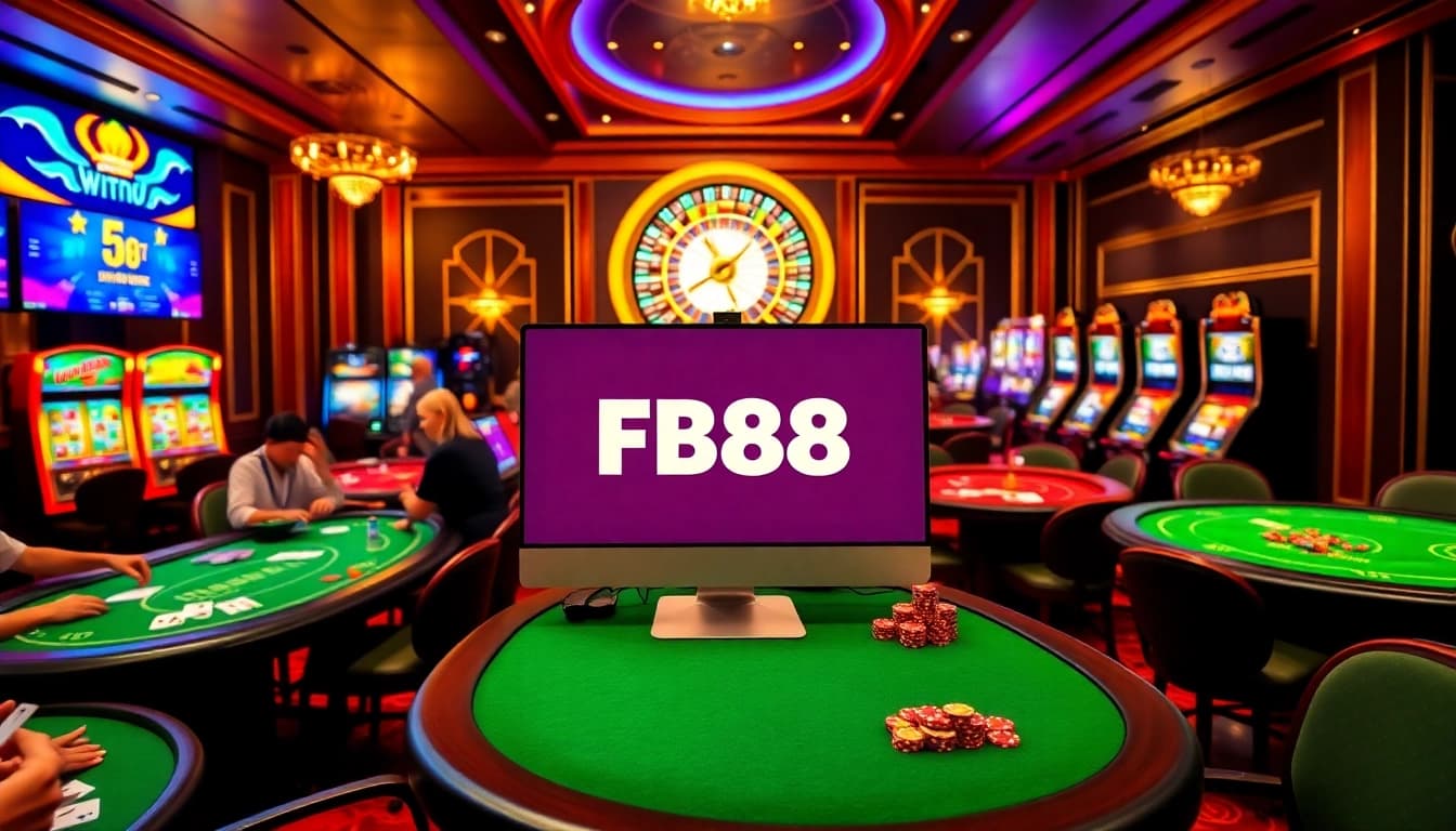 Engaging online gaming scene featuring https://fb88.style/ logo with players in action at casino tables and a roulette wheel.