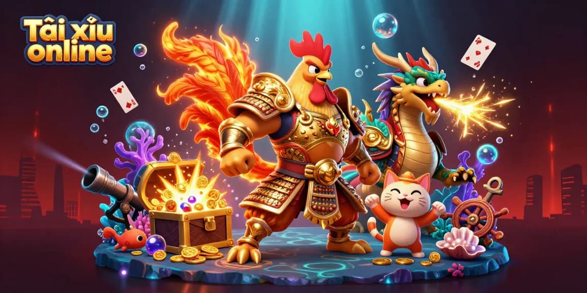 Experience the thrill of Tài xỉu online with this action-packed 3D casino scene featuring a rooster warrior and dragon.