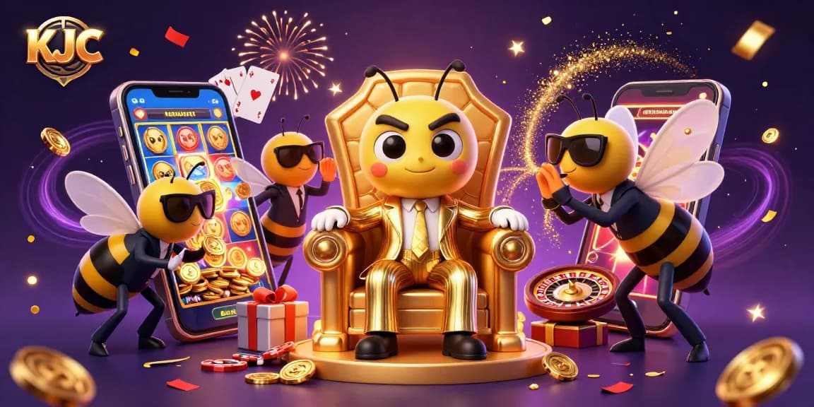 A dynamic scene of KJC led by a cartoon bumblebee mob boss, showcasing thrilling slot games and casino elements.