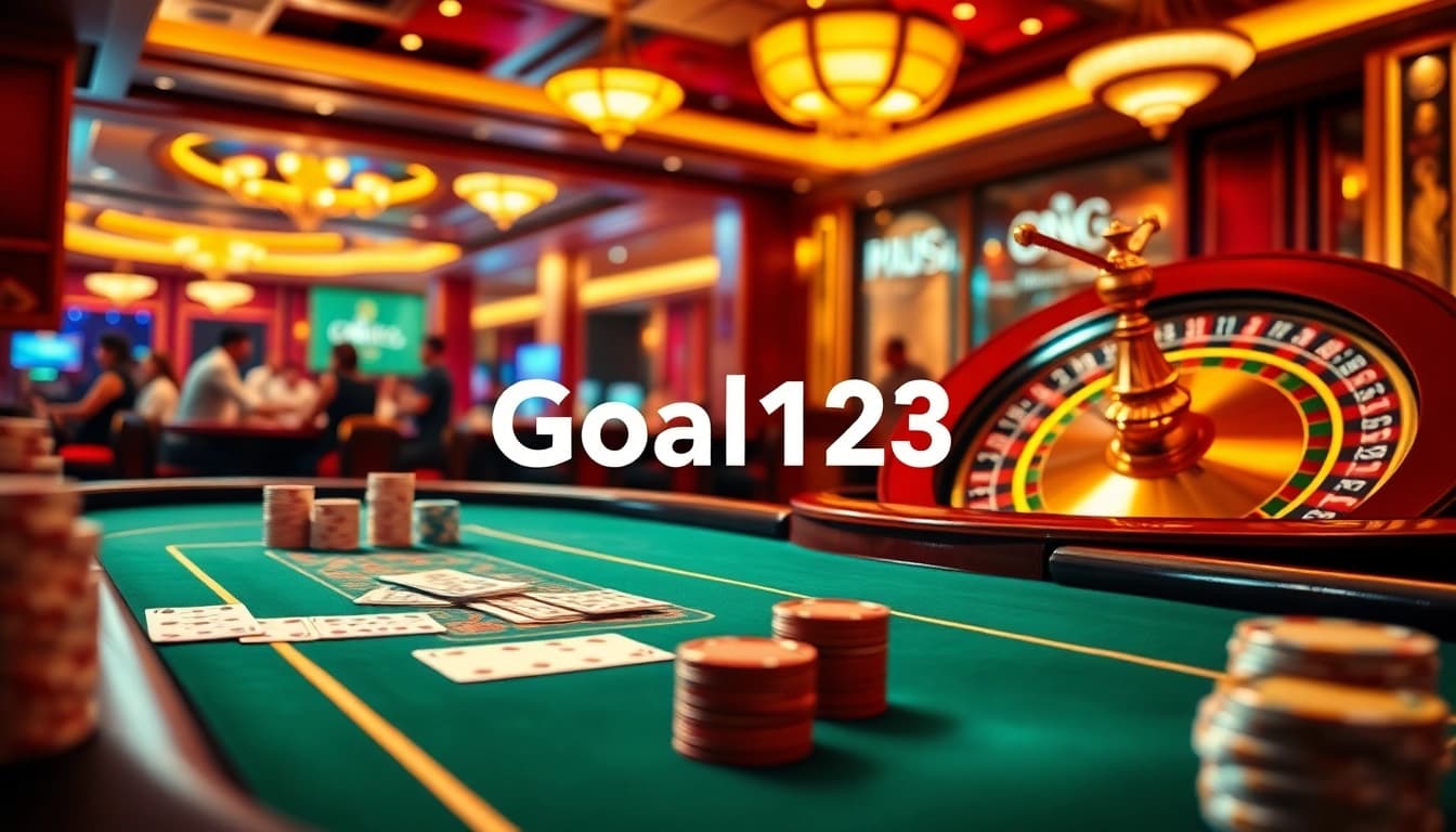 A thrilling casino experience showcasing Goal123, with poker chips and cards on an elegant poker table.