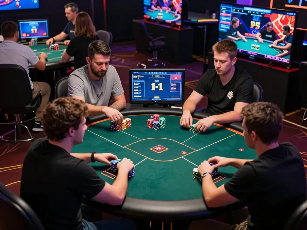 Players engaging in an intense online poker tournament on MMOO platform with vibrant screens.