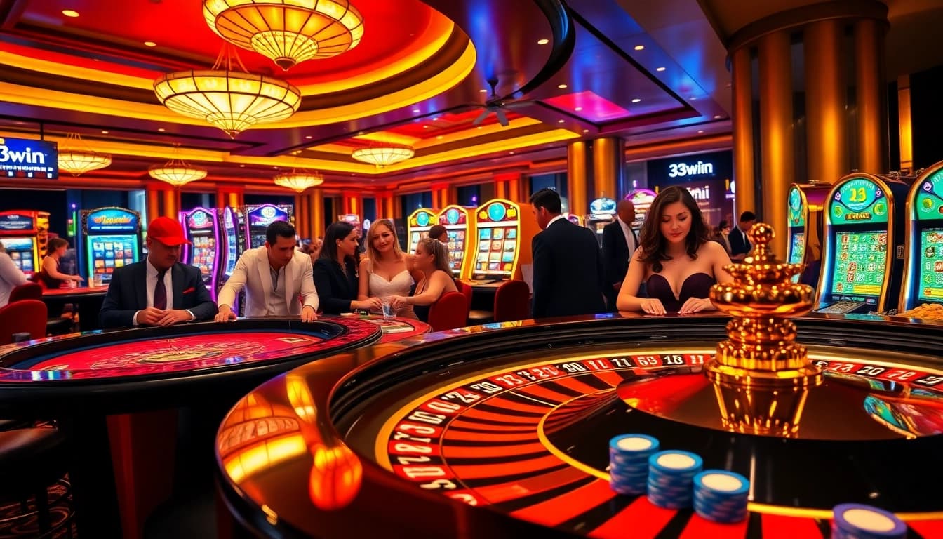 Gambling excitement at 33win casino with roulette tables and poker chips.