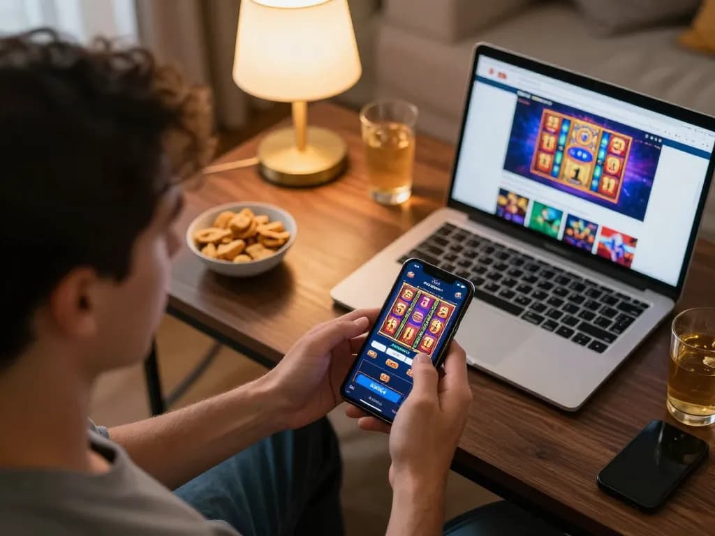 Engaging in online casino gaming at home using the god55 app, showcasing vibrant slot machine graphics and a relaxed atmosphere.