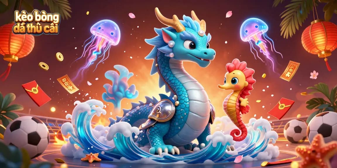 Engage in kèo bóng đá nhà cái with a vibrant scene of animated dragon, knight, and sports elements.
