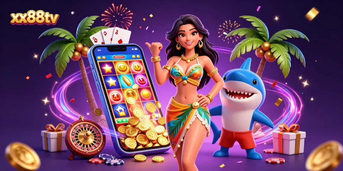 Play thrilling casino games at xx88tv with a vibrant beach-themed illustration, blending fun and excitement.