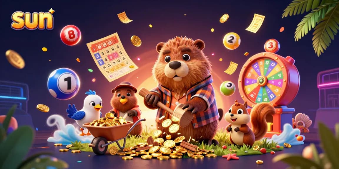 Sun-themed casino action with a cartoon beaver character chopping a tree raining coins and vibrant gambling elements.