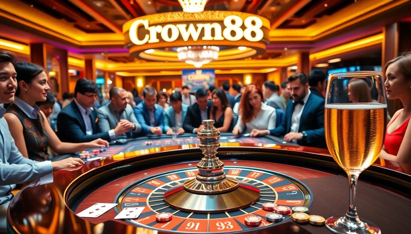 Players enjoying classic casino games at Crown88 with roulette and poker tables.