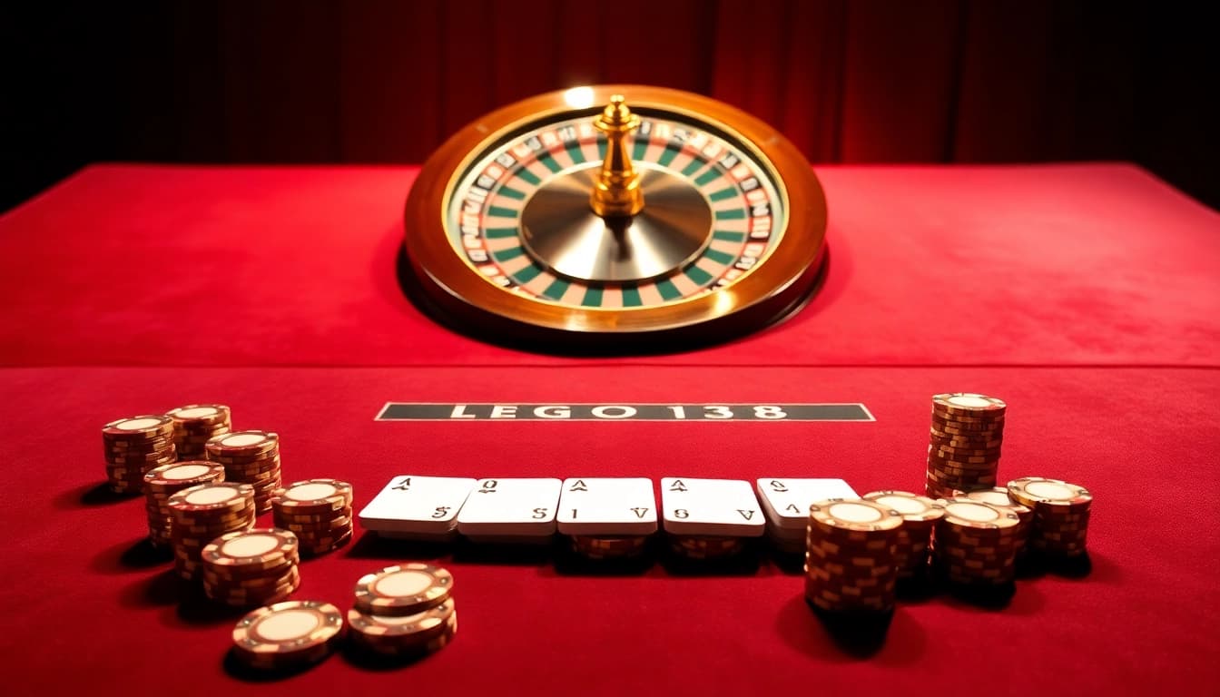 Experience the thrill of lego138 with an elegant casino poker setup and roulette wheel.