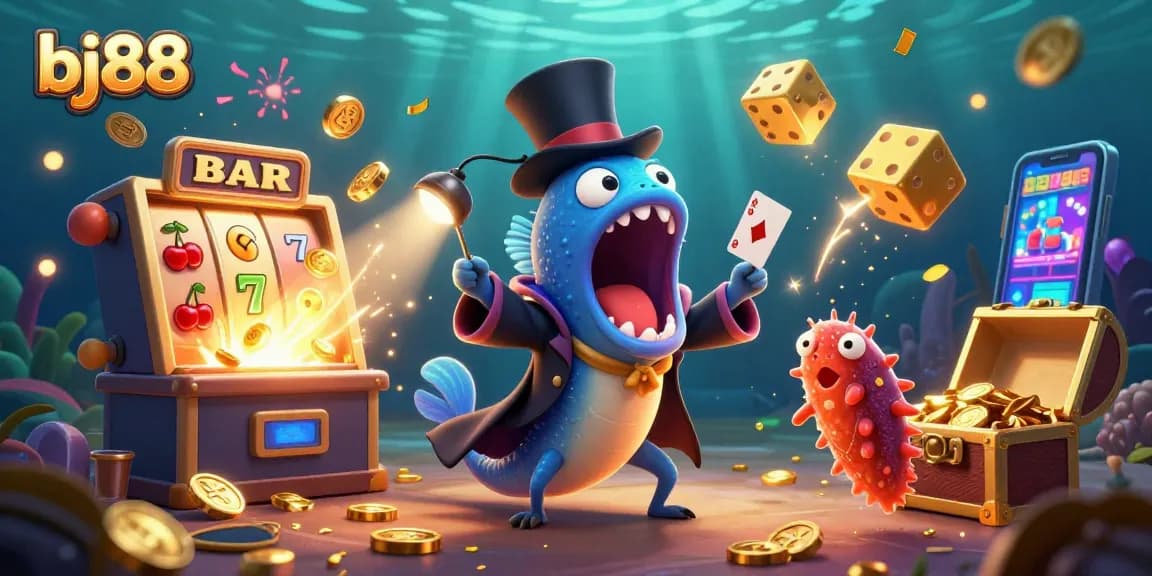 Engage with bj88's thrilling 3D casino scene featuring dynamic deep-sea characters showcasing exciting gambling elements.