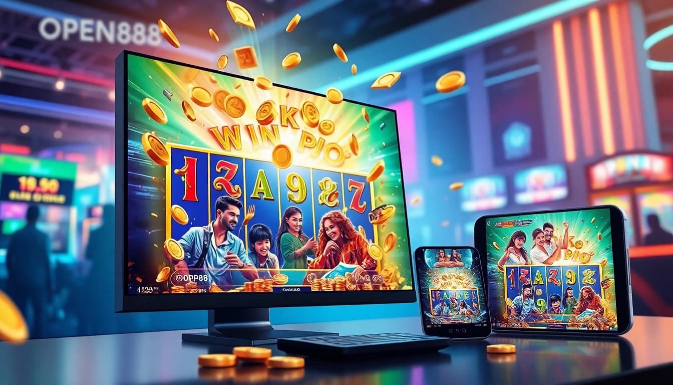 OPEN88 gaming experience showcasing vibrant slot game action and happy players using modern devices.