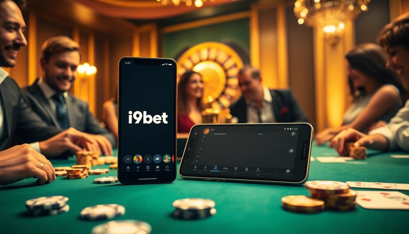 Action-packed gaming scene showcasing i9bet poker table with vibrant chips and a roulette wheel.