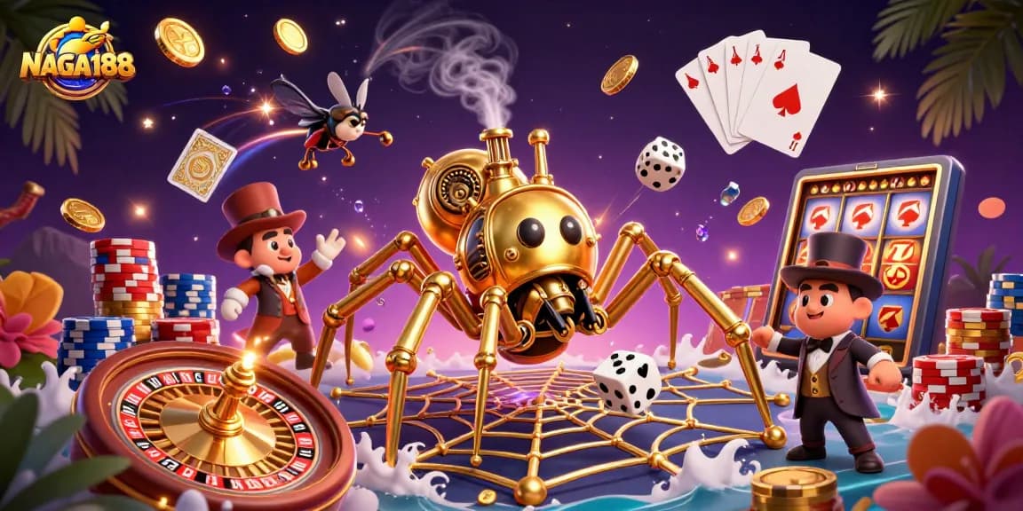 Permainan NAGA188 menyenangkan dengan laba-laba steampunk yang menangkap dadu di jaringnya.
