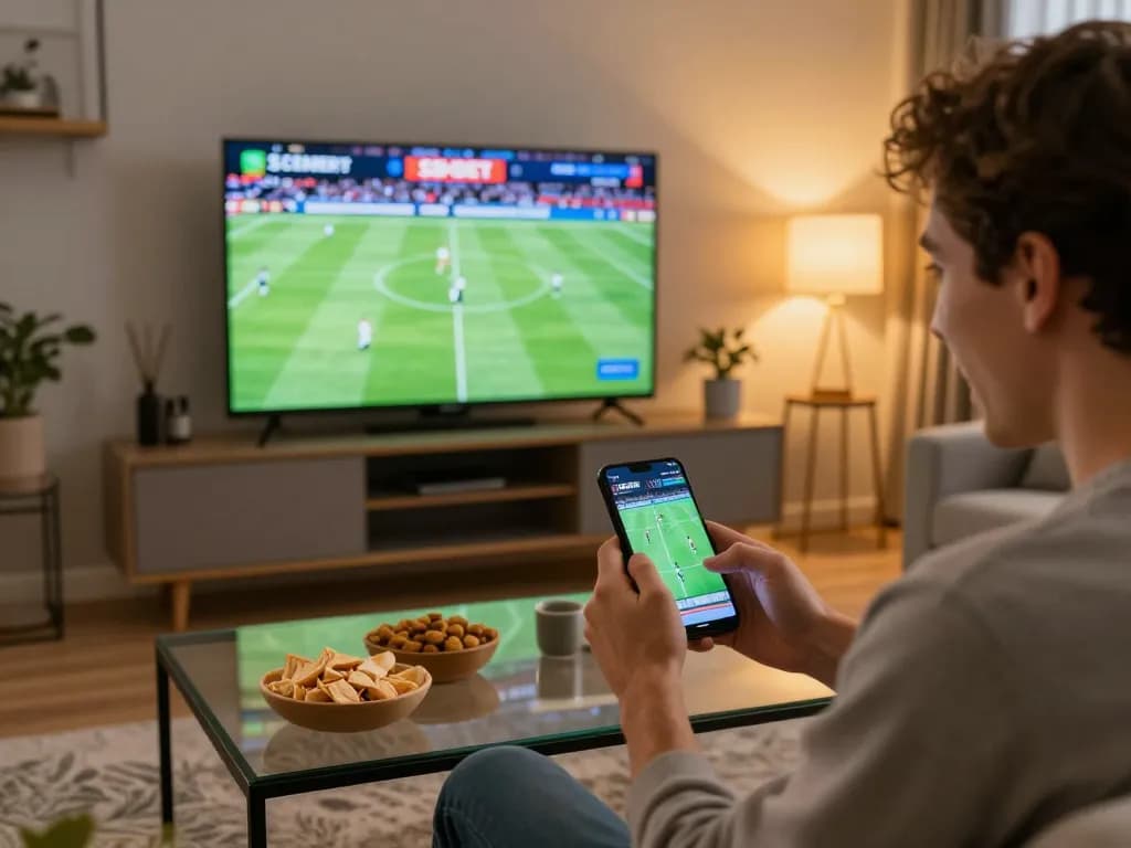 Pengguna SBOBET mobile aktif bertaruh pada pertandingan sepak bola di ruang tamu yang nyaman dengan suasana permainan yang menarik