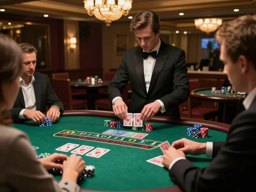 players engaging in a strategic blackjack game at tx88 casino table with dealer and chips