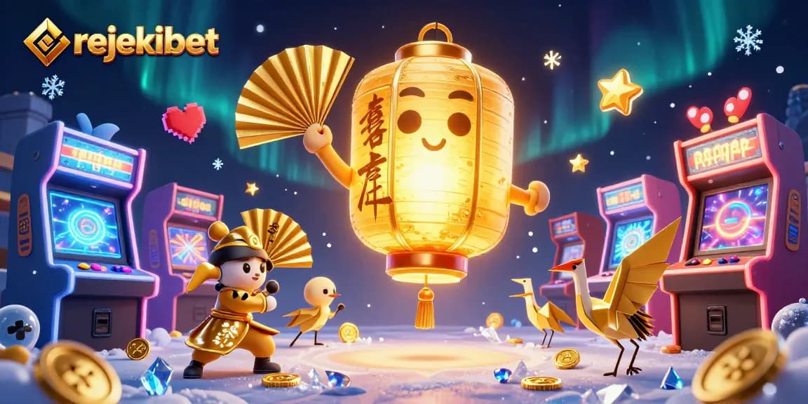 Engage with rejekibet – a dynamic casino illustration showcasing iconic gaming elements around a glowing lantern spirit.