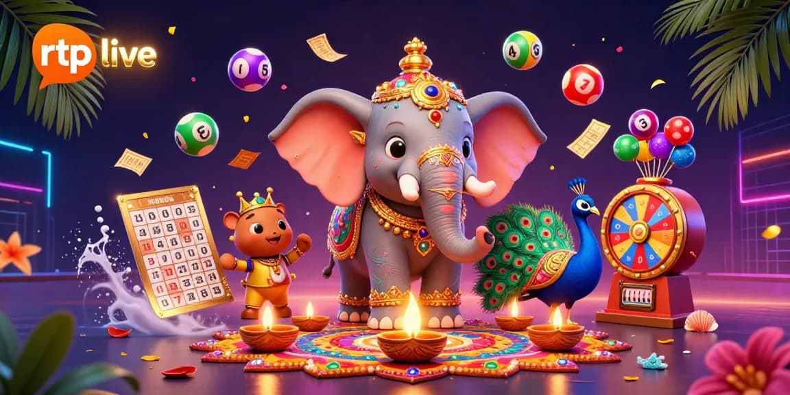 Engage with the rtp live scene showcasing a festive casino atmosphere filled with lottery elements and vibrant characters.