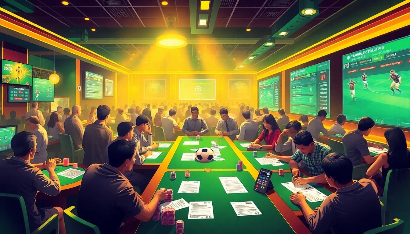 Engage in Taruhan Bola excitement with betting slips, vibrant poker chips, and live soccer match scores.