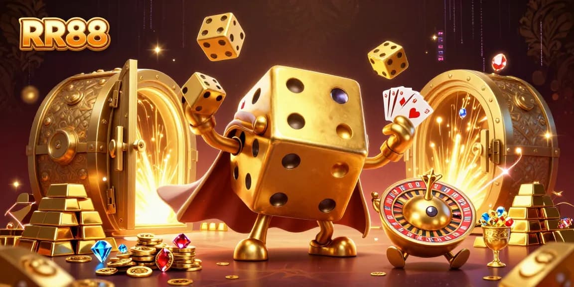Play and win big with RR88 in a dynamic, vibrant casino-themed illustration showcasing golden dice, jewels, and treasures.