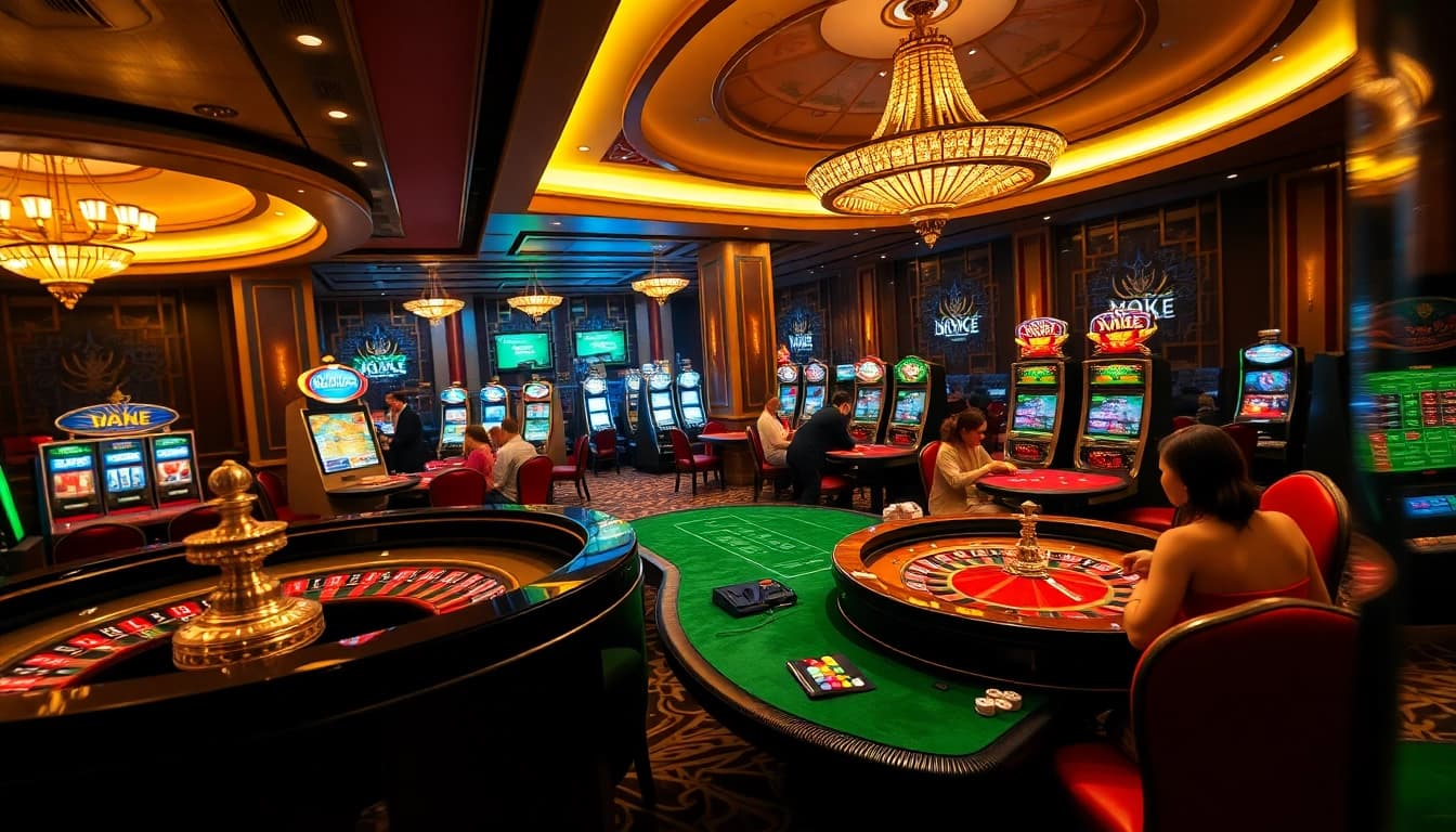 Nohudoithuong casino scene featuring excited players at roulette and slot machines.