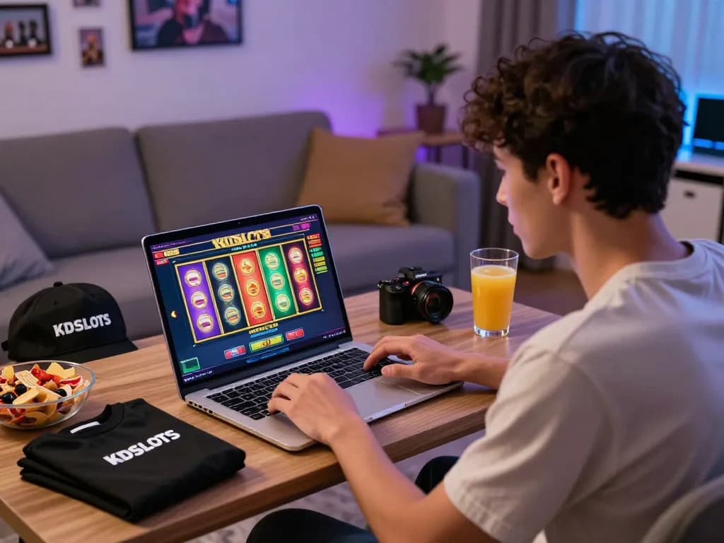 Engaging kdslot gaming scene showing player focused on laptop with colorful slot reels.